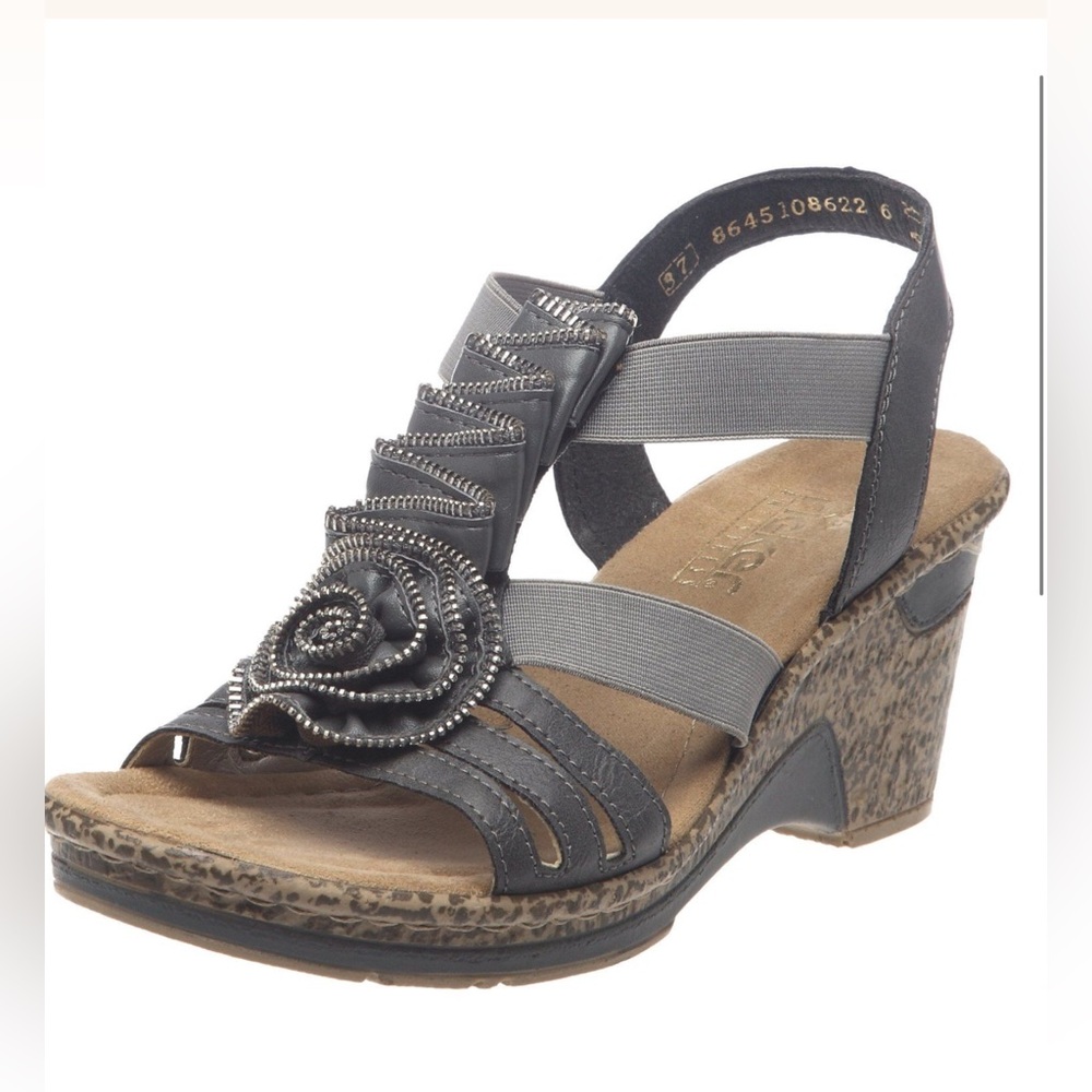 Rieker Gray Floral-Beaded Wedge Sandals
